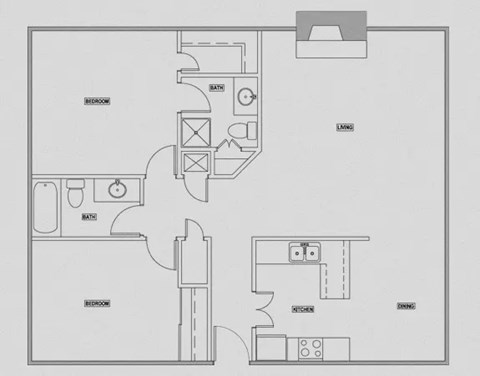 Floor plan for 2 beds, 2 baths, 1036 sqft