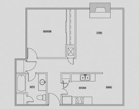 Floor plan for 1 bed, 1 bath, 729 sqft