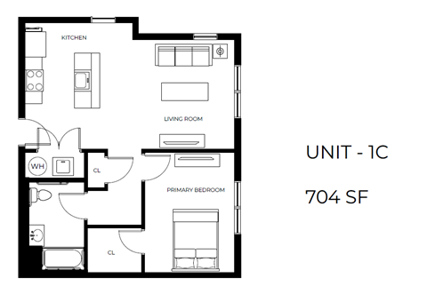 Floor plan for 1 bed, 1 bath, 698 sqft