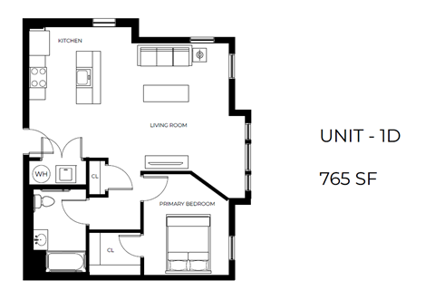 Floor plan for 1 bed, 1 bath, 760 sqft