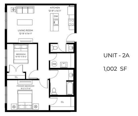 Floor plan for 2 beds, 1.5 baths, 976 sqft