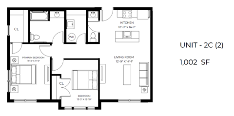 Floor plan for 2 beds, 1.5 baths, 1038 sqft