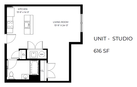 Floor plan for studio, 1 bath, 573 sqft
