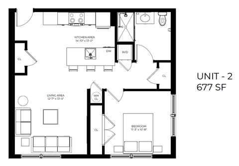 Floor plan for 1 bed, 1 bath, 673 sqft