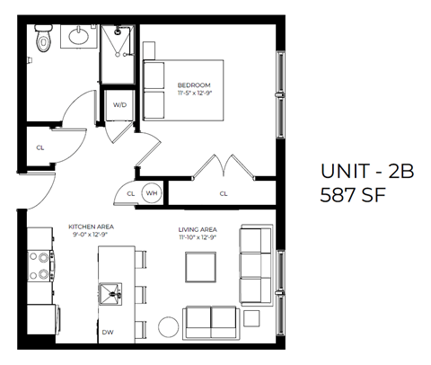 Floor plan for 1 bed, 1 bath, 590 sqft