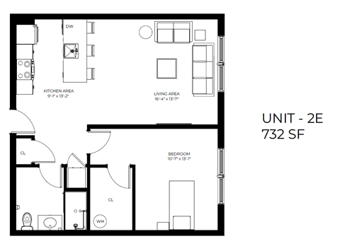 Floor plan for 1 bed, 1 bath, 732 sqft
