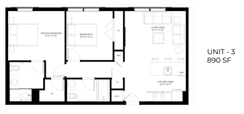 Floor plan for 2 beds, 2 baths, 944 sqft