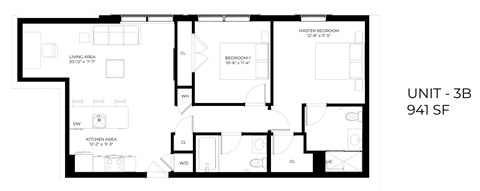 Floor plan for 2 beds, 2 baths, 940 sqft
