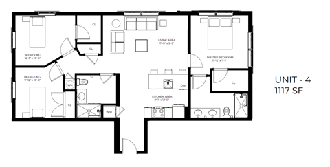 Floor plan for 3 beds, 2 baths, 1134 sqft