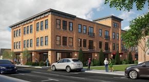 Beacon apartment for rent - A street view of a red brick building with cars parked in front and people walking on the sidewalk.