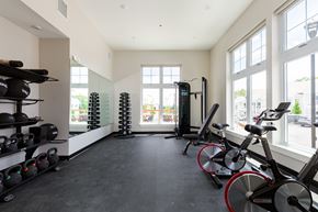 Marlboro apartment for rent - A spacious gym with a row of exercise bikes and a rack of kettlebells.