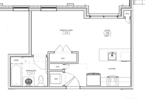 Floor plan for studio, 1 bath, 389 sqft
