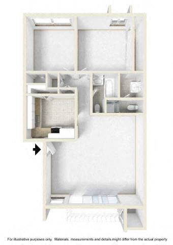 Floor plan for 2 beds, 2 baths, 950 sqft