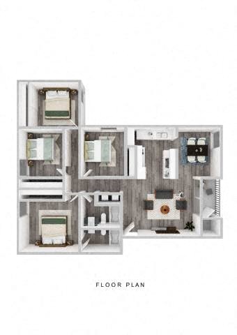 Floor plan for 4 beds, 2 baths, 1400 sqft