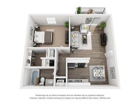 Floor plan for 1 bed, 1 bath, 722 sqft