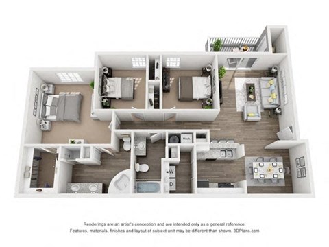 Floor plan for 3 beds, 2 baths, 1297 sqft