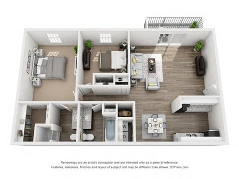 Floor plan for 2 beds, 2 baths, 1017 sqft