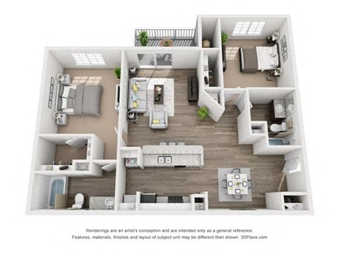 Floor plan for 2 beds, 2 baths, 1047 sqft