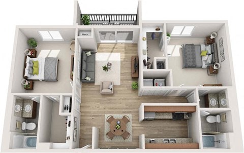 Floor plan for 2 beds, 2 baths, 1250 sqft