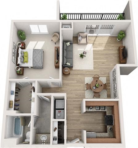 Floor plan for 1 bed, 1 bath, 950 sqft