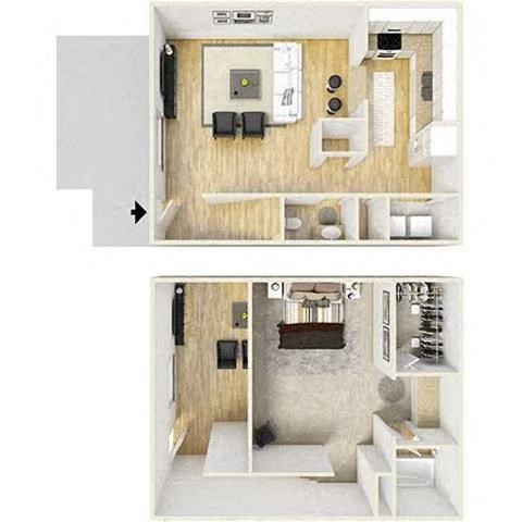 Floor plan for 1 bed, 1.5 baths, 773 sqft
