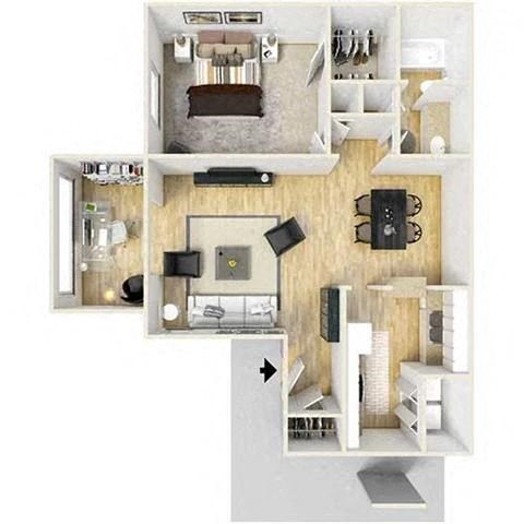 Floor plan for 1 bed, 1 bath, 879 sqft