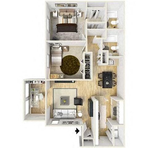 Floor plan for 2 beds, 2 baths, 1121 sqft