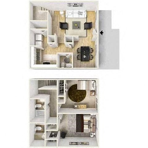 Floor plan for 2 beds, 2.5 baths, 1131 sqft