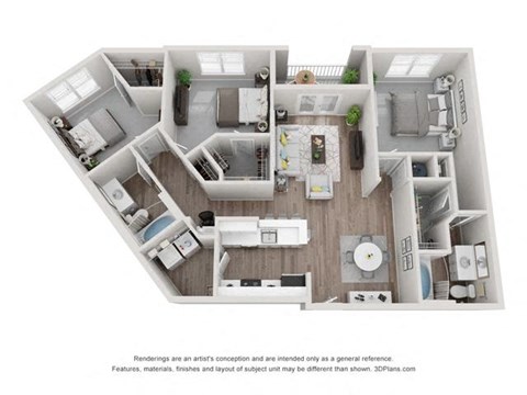Floor plan for 3 beds, 2 baths, 1434 sqft