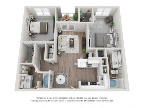 Floor plan for 2 beds, 2 baths, 1164 sqft