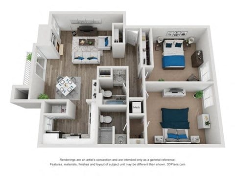 Floor plan for 2 beds, 2 baths, 1133 sqft