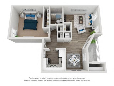 Floor plan for 1 bed, 1 bath, 783 sqft