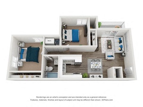 Floor plan for 2 beds, 1 bath, 890 sqft