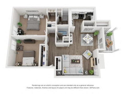 Floor plan for 2 beds, 2 baths, 1193 sqft