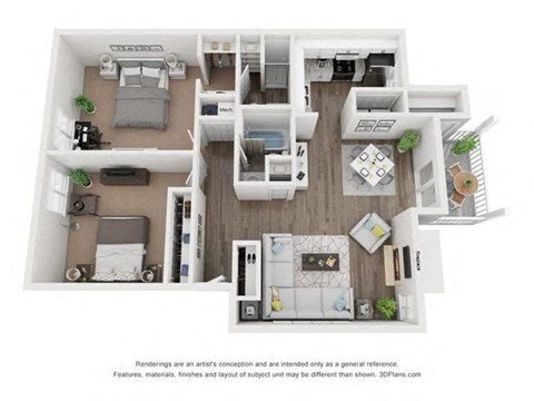 Floor plan for 2 beds, 2 baths, 1193 sqft