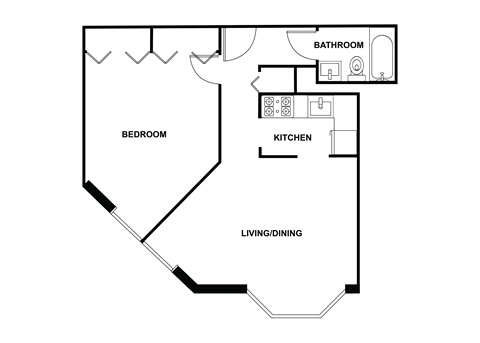 Floor plan for 1 bed, 1 bath, 600 sqft