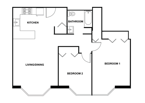 Floor plan for 2 beds, 1 bath, 900 sqft