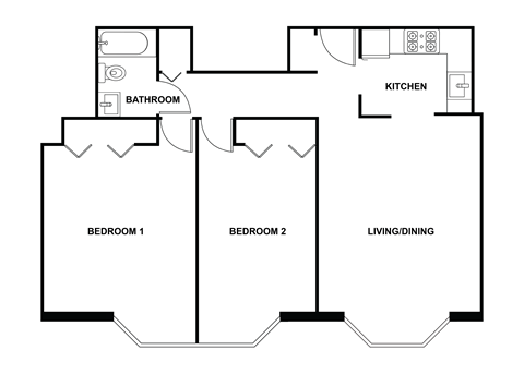 Floor plan for 2 beds, 1 bath