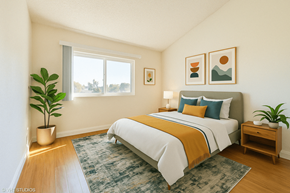 Oakland apartment for rent - A bedroom with a bed, nightstand, and a plant at Oak Center Apartments, Oakland