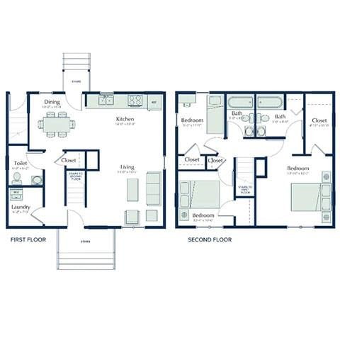 Floor plan for 3 beds, 2.5 baths, 1406 sqft