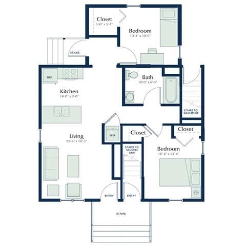 Floor plan for 2 beds, 1 bath, 760 sqft