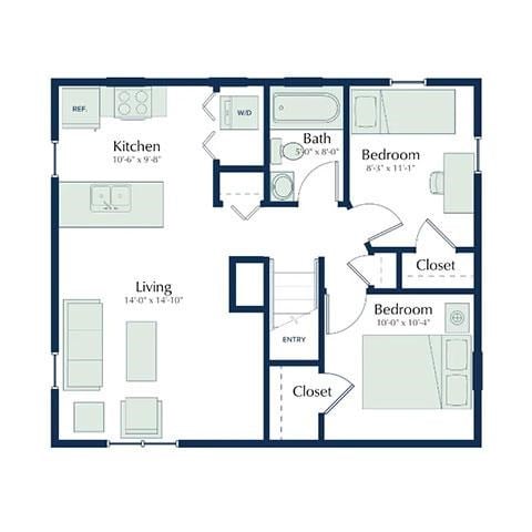 Floor plan for 2 beds, 1 bath, 828 sqft