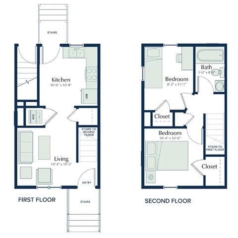 Floor plan for 2 beds, 1 bath, 684 sqft