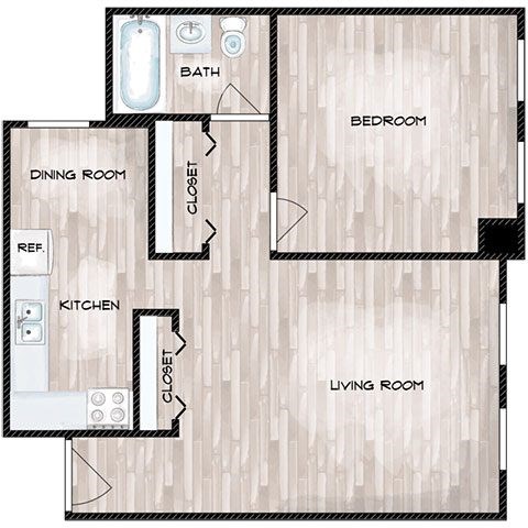 Floor plan for 1 bed, 1 bath, 500 sqft