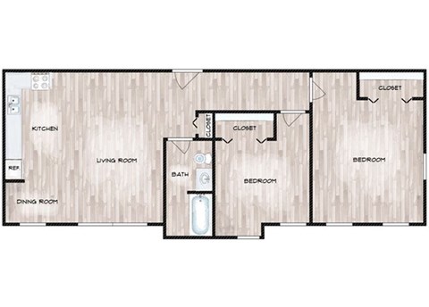 Floor plan for 2 beds, 1 bath, 600 sqft
