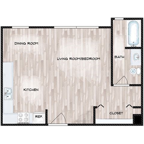 Floor plan for studio, 1 bath, 350 sqft