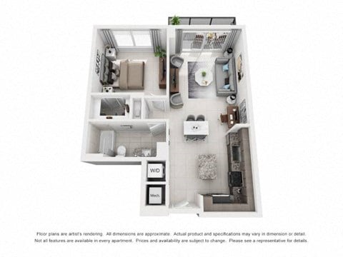 Floor plan for 1 bed, 1 bath, 716 sqft