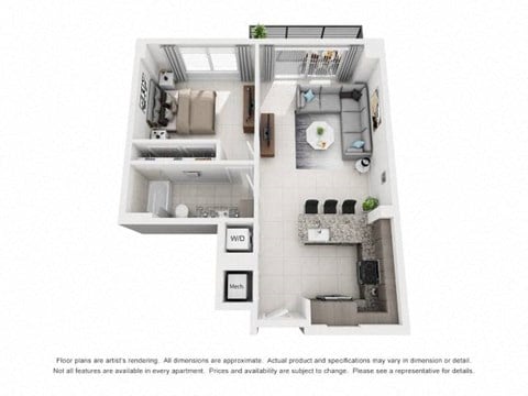 Floor plan for 1 bed, 1 bath, 736 sqft
