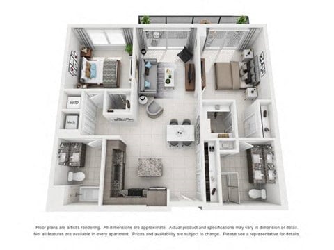 Floor plan for 2 beds, 2 baths, 1064 sqft