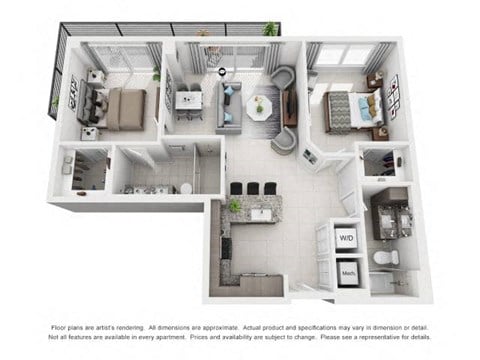 Floor plan for 2 beds, 2 baths, 1069 sqft